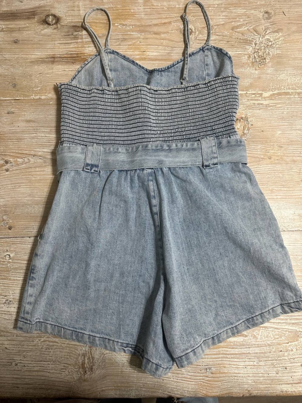 Show me Your MuMu Revolve Sloane Denim Belted Romper Spaghetti Strap Sz L - Picture 7 of 13